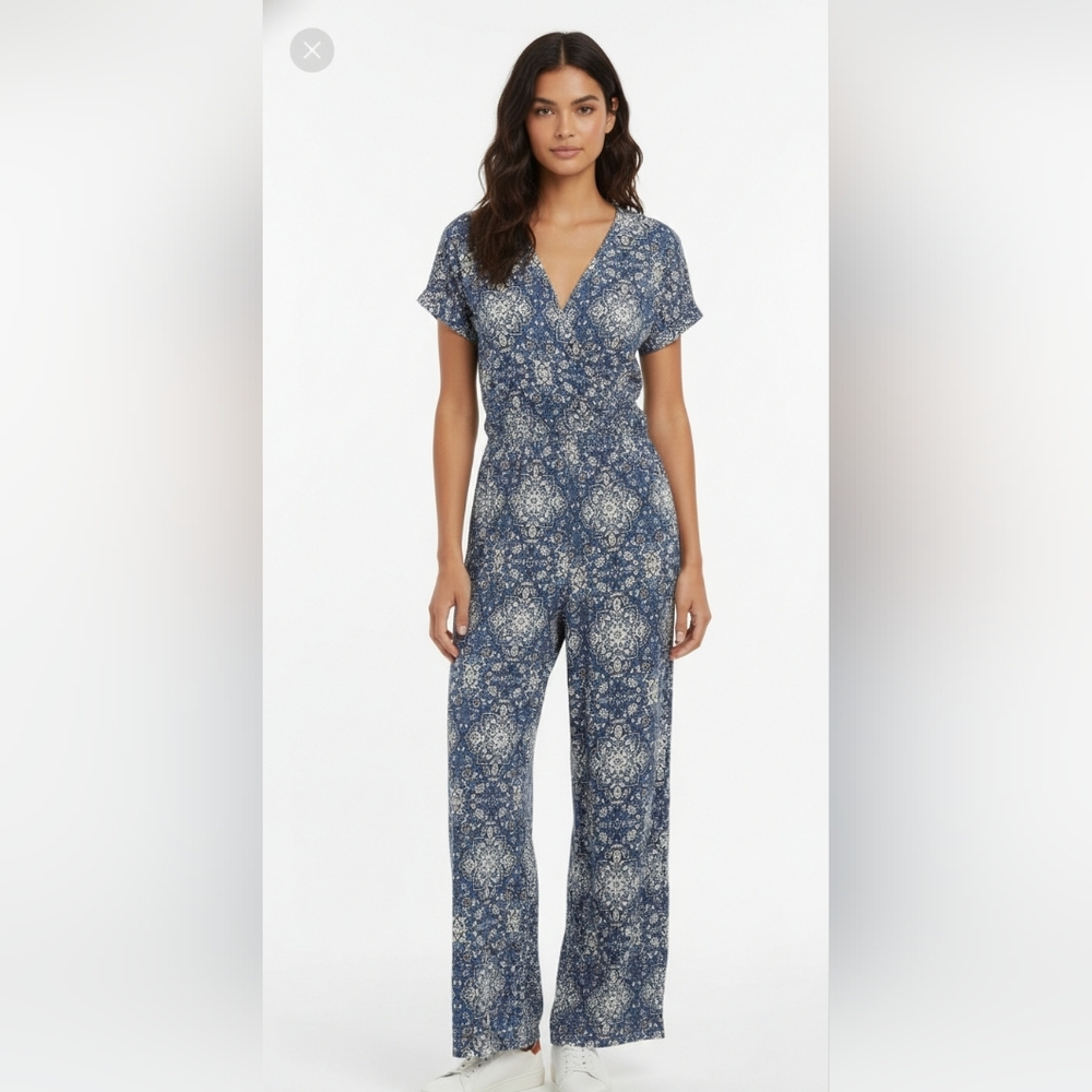 Style & Co Blue Boho Retro Jumpsuit Straight Leg Festival M